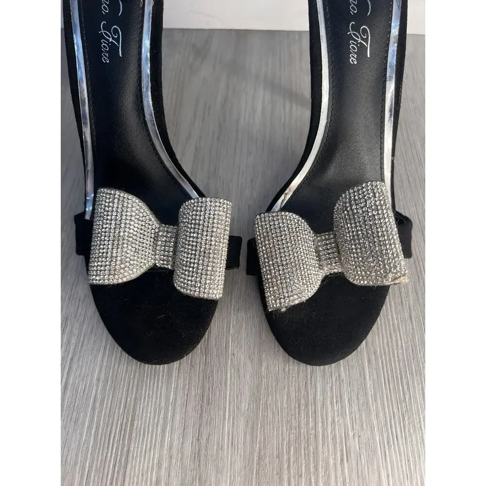 Liliana Mixie 1 Black Suede High Heel with Rhinestone Bow Size 7